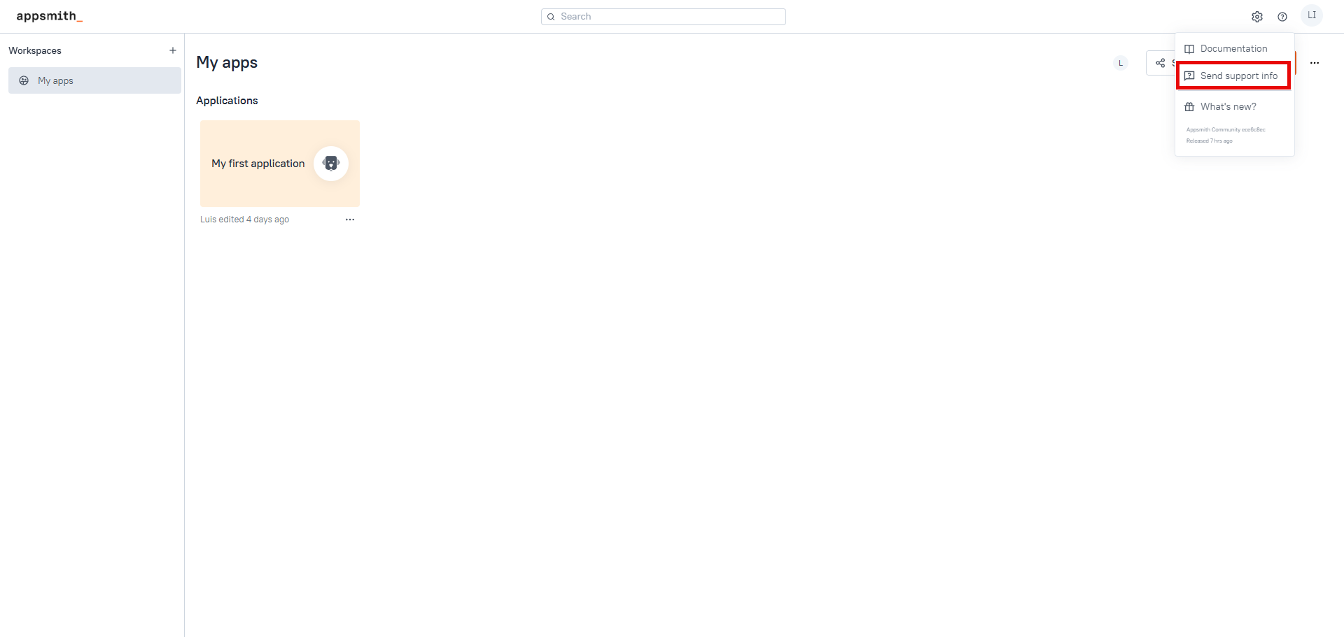 Send support info option in the Homepage header help menu